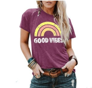 "Good Vibes" - Rainbow Pattern Printed Short-sleeved T-shirts