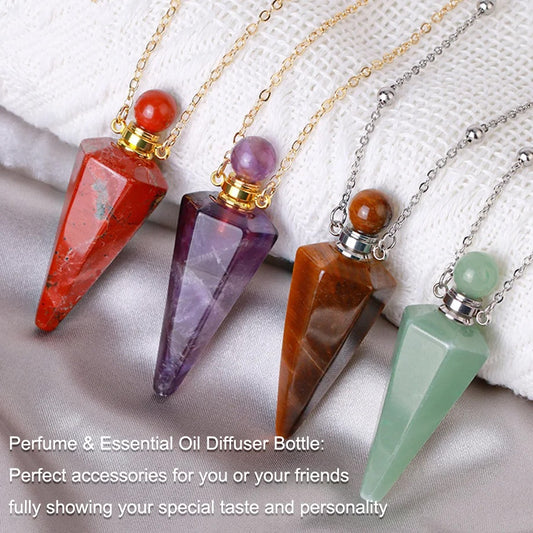 Hexagonal Natural Crystal Cone Perfume Bottle Necklaces