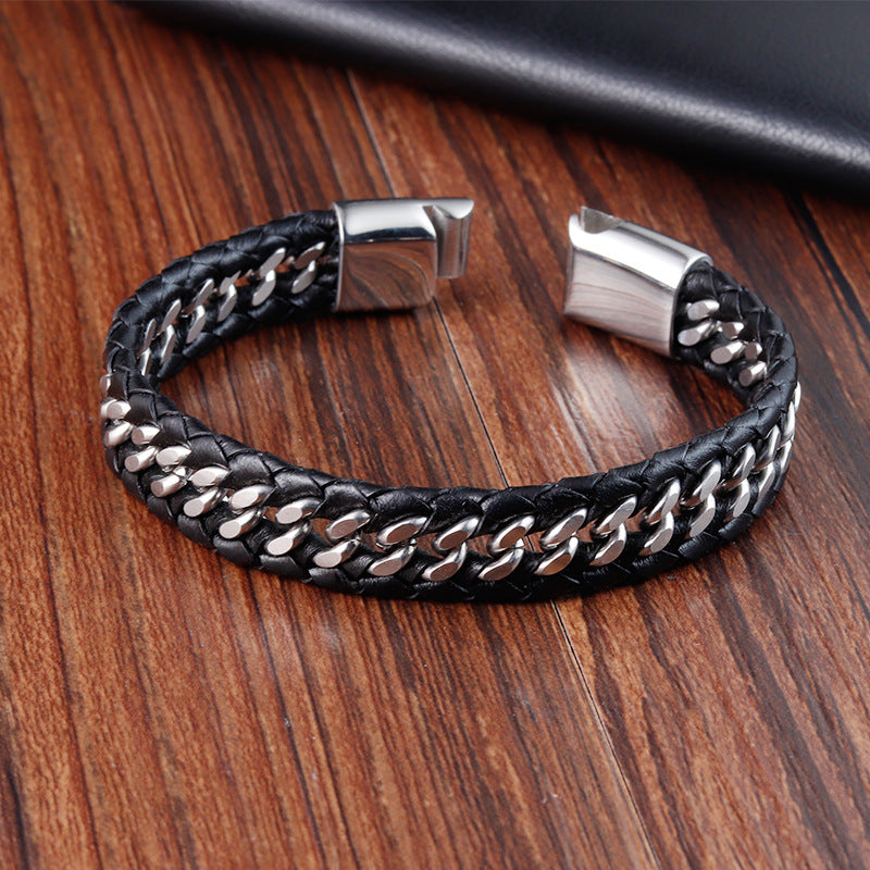 Polished Titanium Steel Leather Bracelet