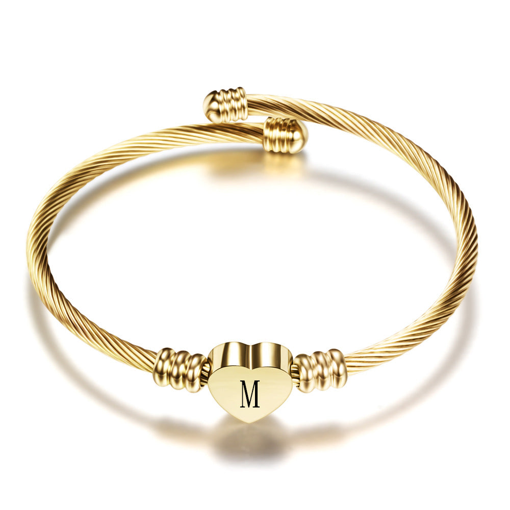 Initial Letter Heart Stainless Steel Bracelet