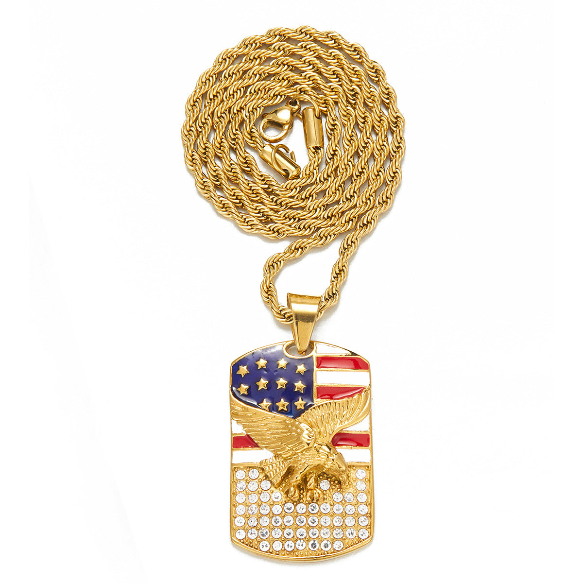 Alloy Diamond-Inlaid Painted National Flag Eagle Pendant Necklace