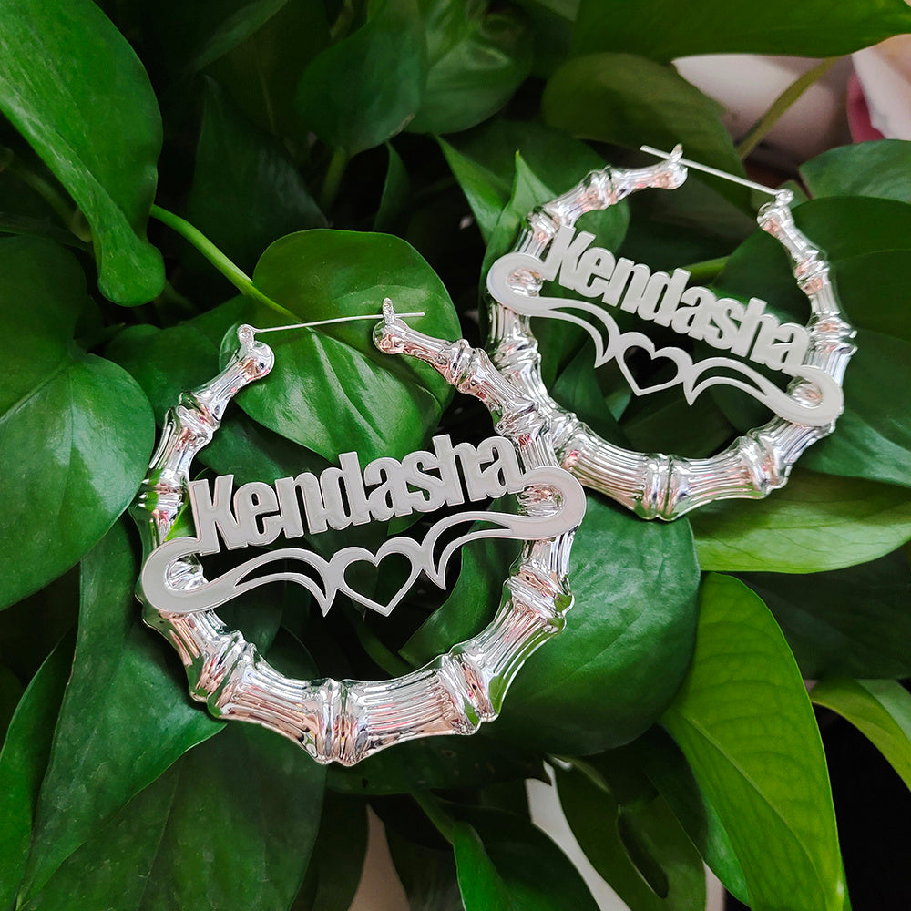 Round Bamboo Custom Name Hoop Earrings