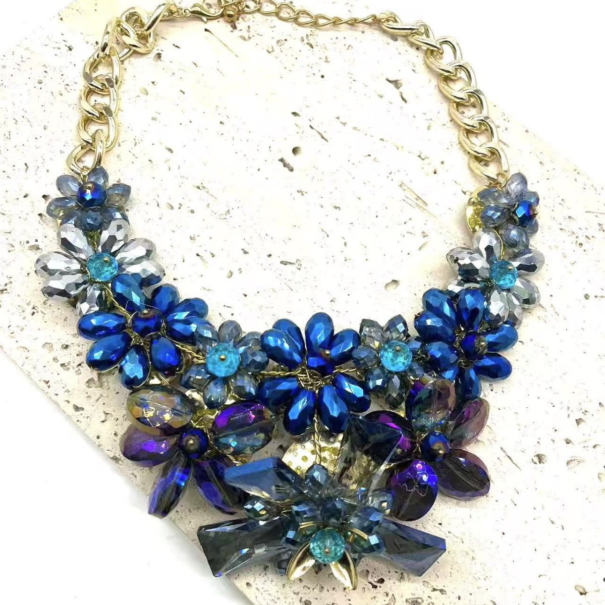 Crystal Blue Glass Floral Statement Necklace