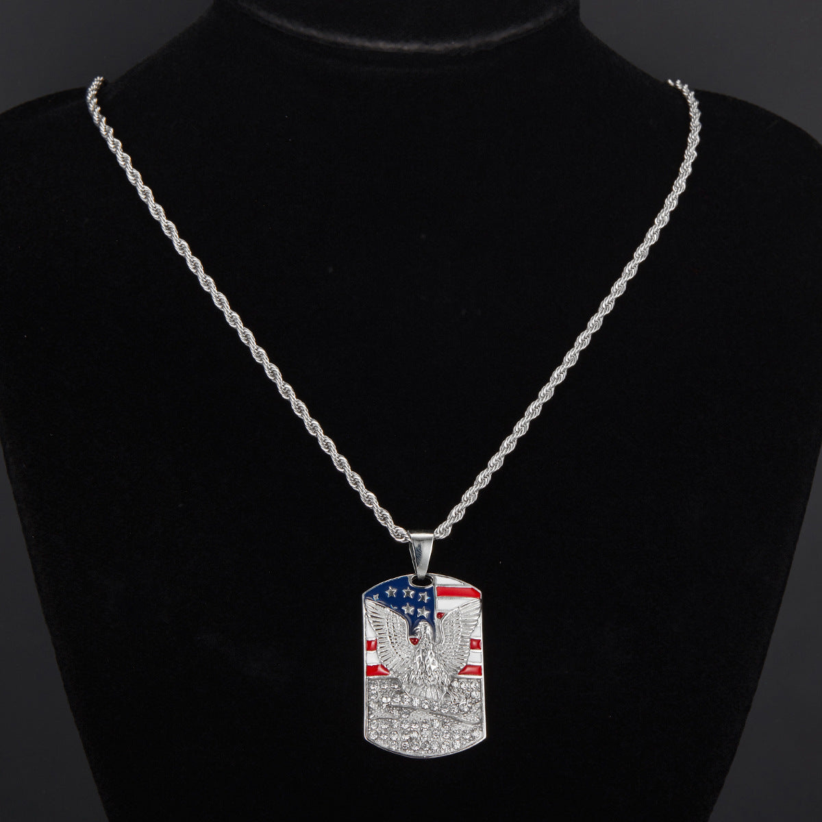 Alloy Diamond-Inlaid Painted National Flag Eagle Pendant Necklace