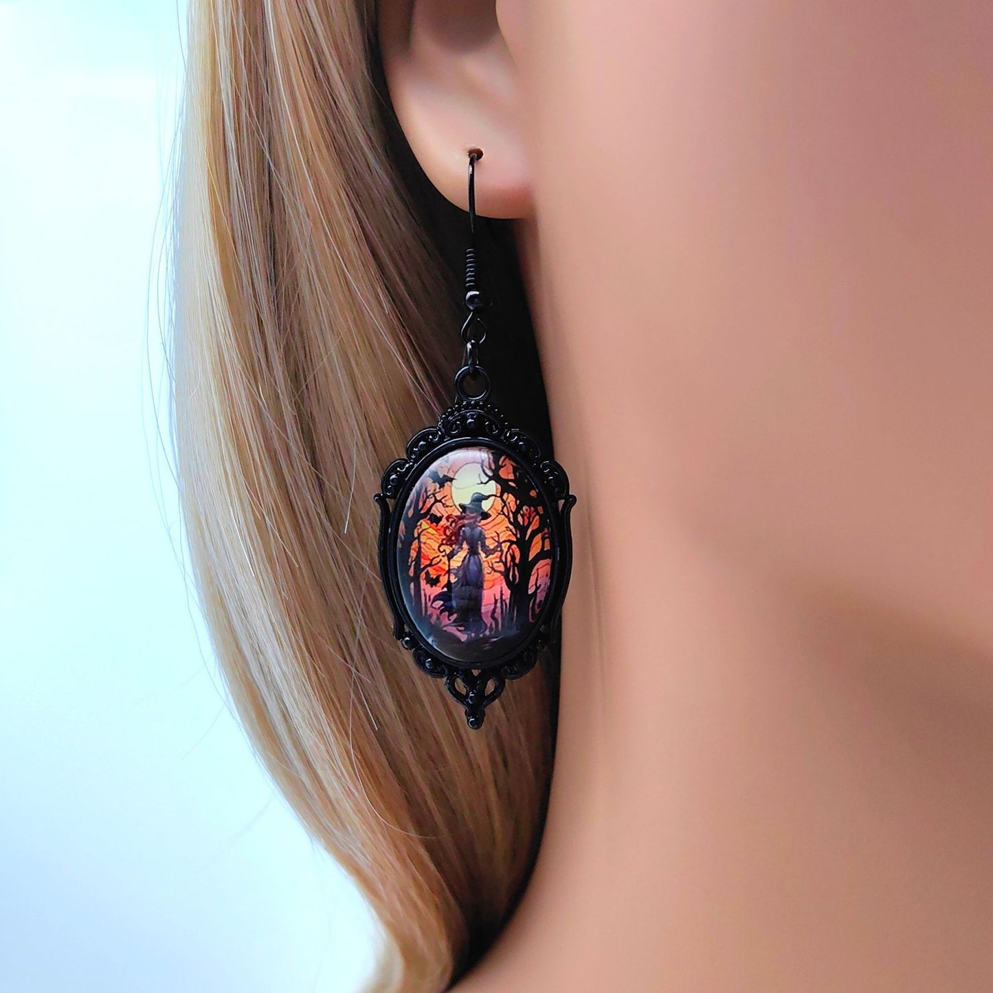Vintage Halloween Tree Of Life And Witch Necklace and Earrings Sets