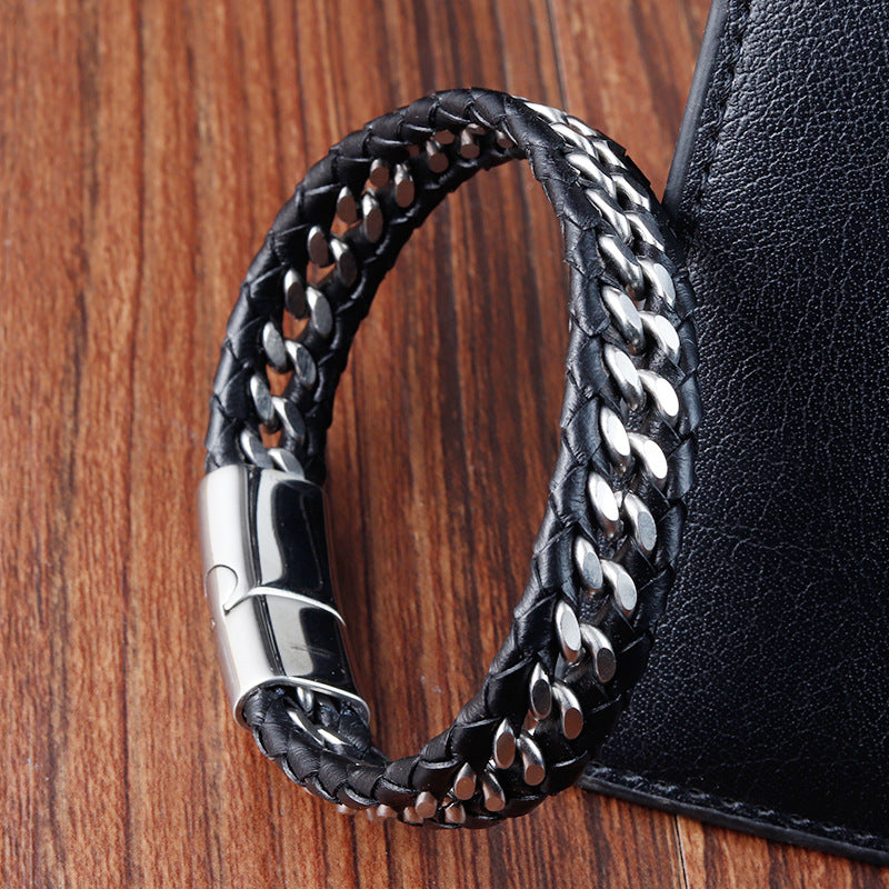 Polished Titanium Steel Leather Bracelet