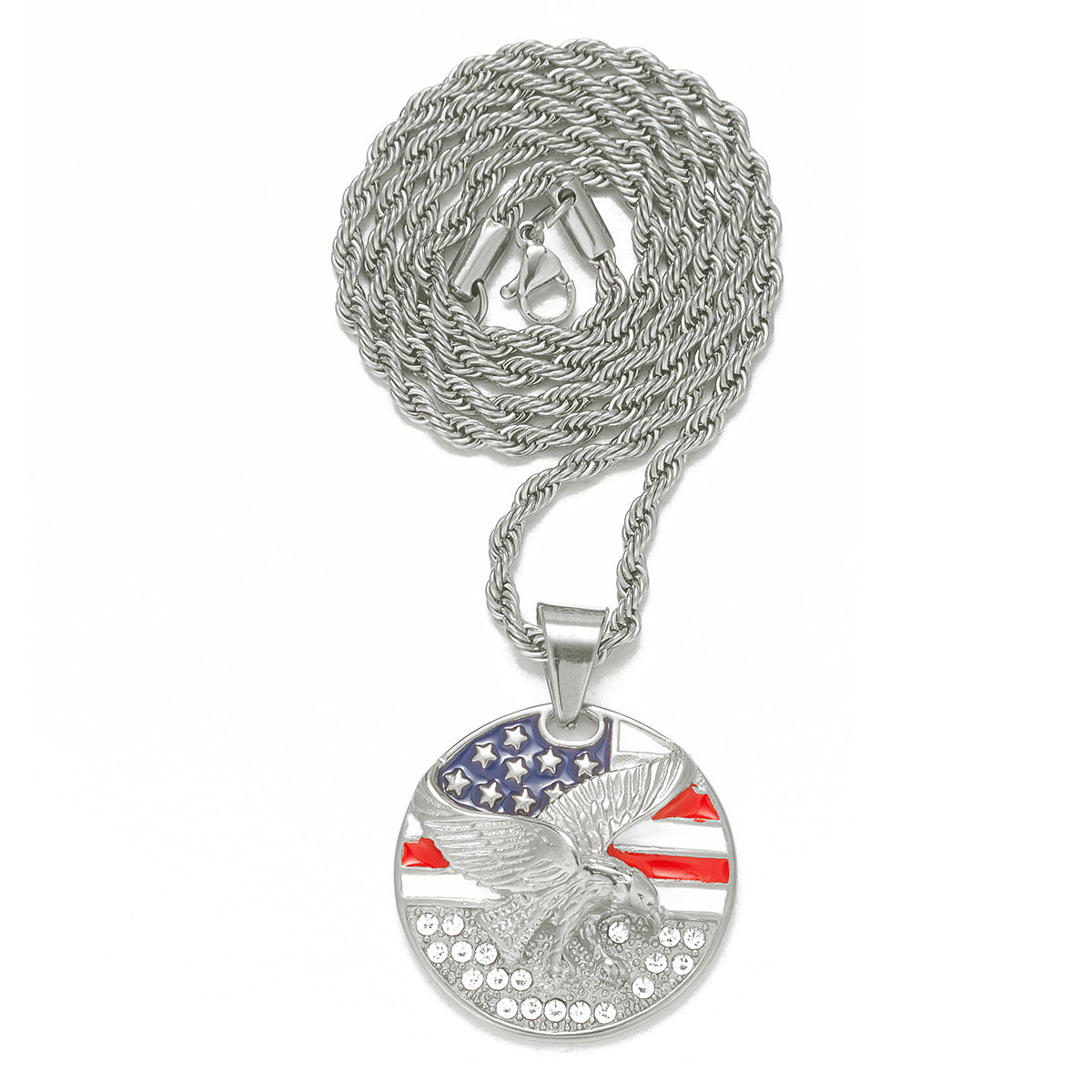 Alloy Diamond-Inlaid Painted National Flag Eagle Pendant Necklace