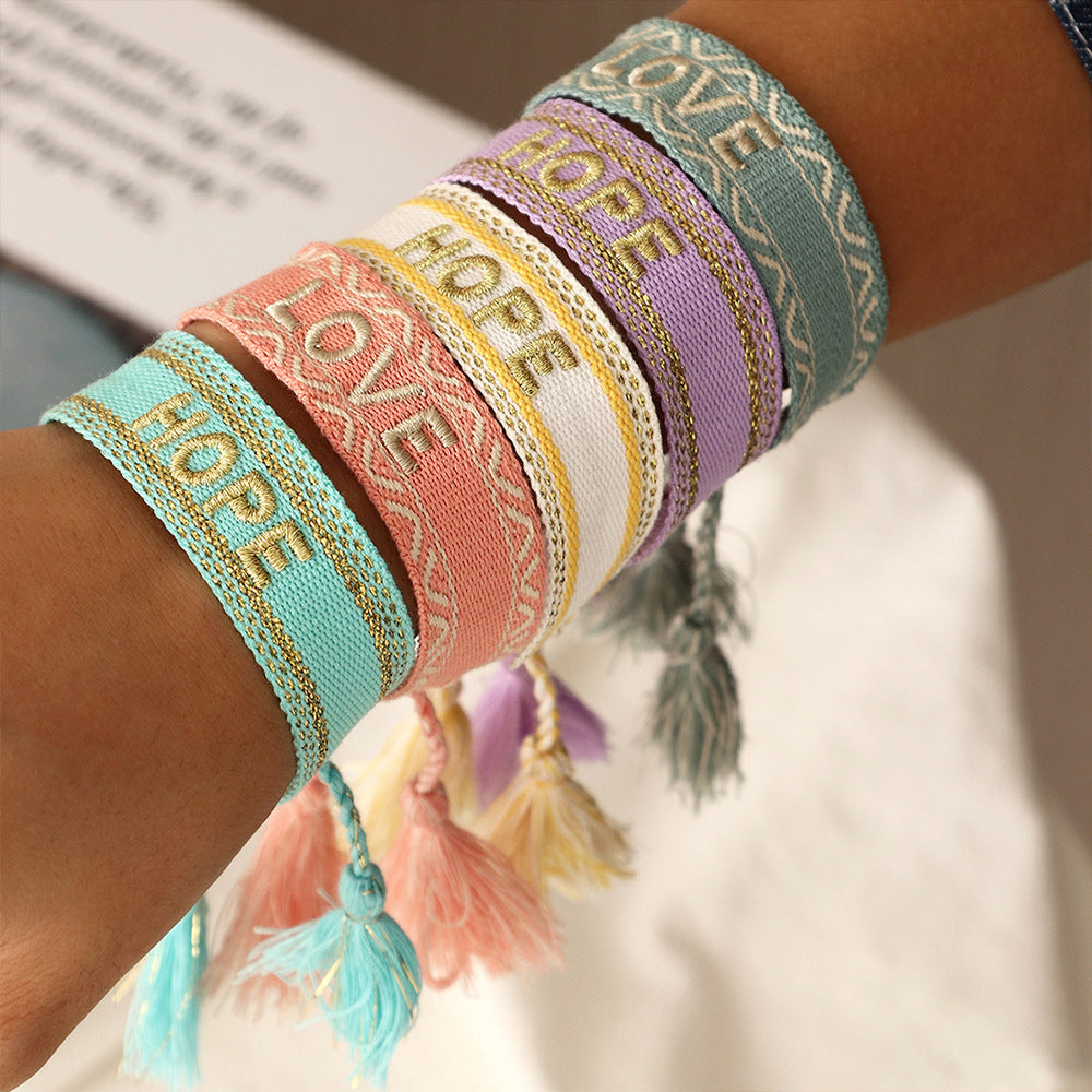 "Love & Hope" - Handwoven Embroidery Bracelet