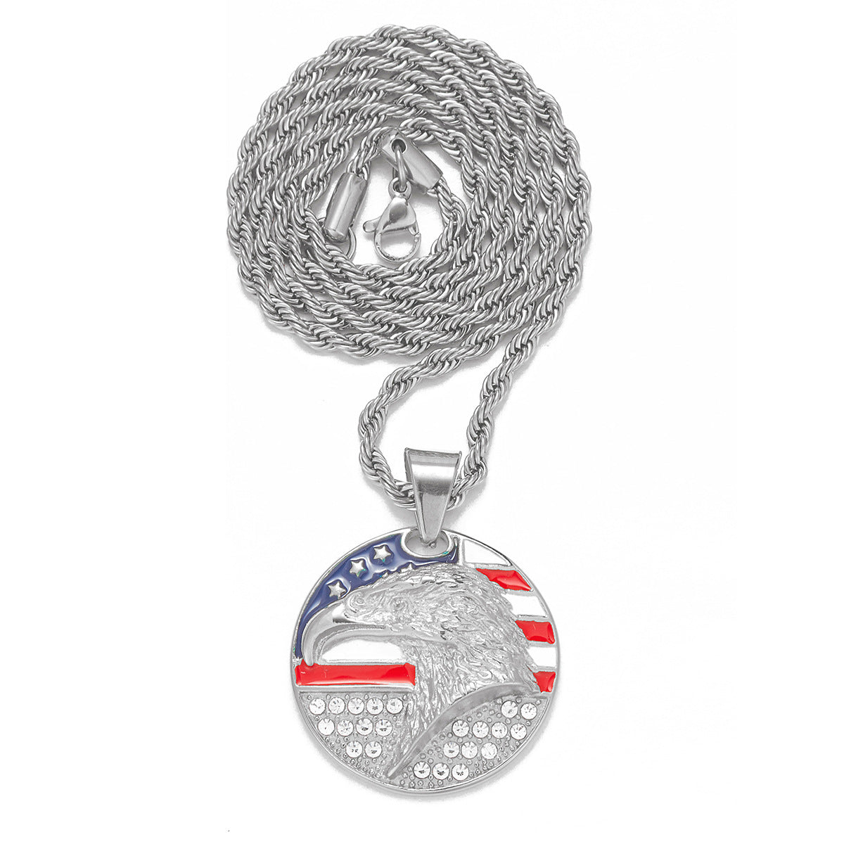 Alloy Diamond-Inlaid Painted National Flag Eagle Pendant Necklace