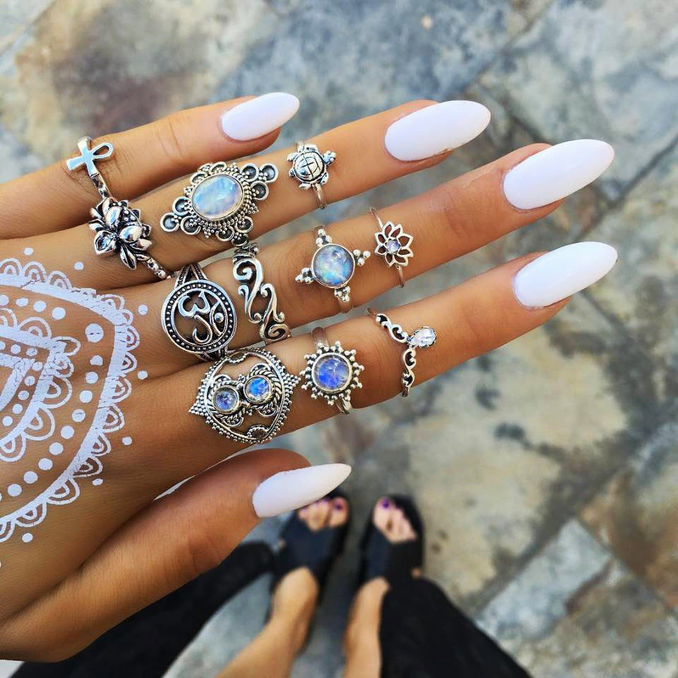 "Turtle, Cross, and Lotus" - Bohemian Ring Set