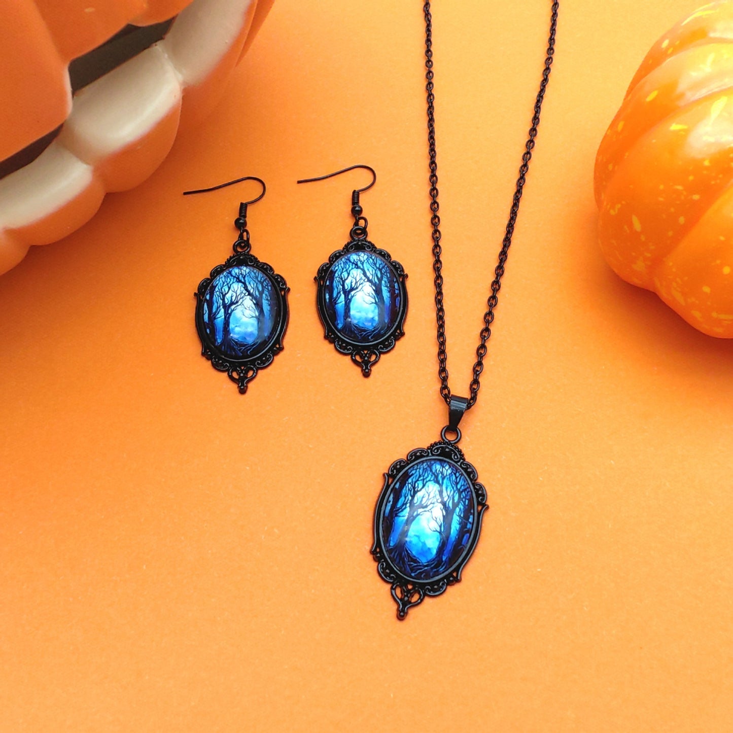 Vintage Halloween Tree Of Life And Witch Necklace and Earrings Sets