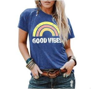 "Good Vibes" - Rainbow Pattern Printed Short-sleeved T-shirts