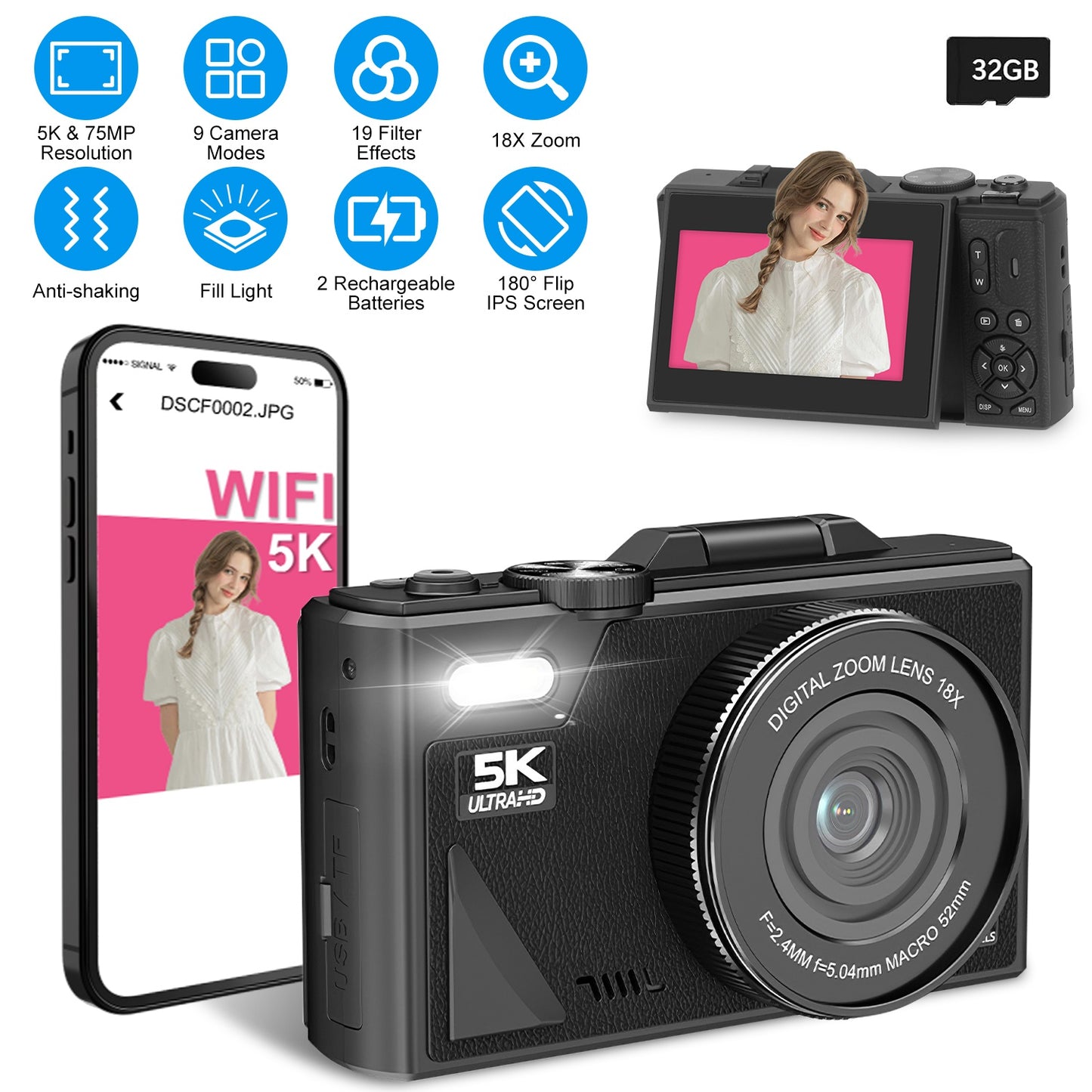 Anti-shake 1Pc 5K 75MP Digital Camera For Photography/Vlogging Video Camera With 9 Shooting Modes 18X Zoom Fill Light Webcam Function 2 Batteries 32G MMC Card 180Degree Flip IPS Screen