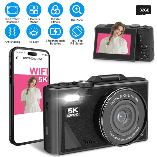 Anti-shake 1Pc 5K 75MP Digital Camera For Photography/Vlogging Video Camera With 9 Shooting Modes 18X Zoom Fill Light Webcam Function 2 Batteries 32G MMC Card 180Degree Flip IPS Screen