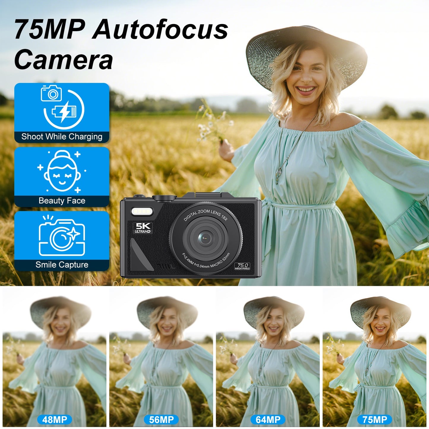 Anti-shake 1Pc 5K 75MP Digital Camera For Photography/Vlogging Video Camera With 9 Shooting Modes 18X Zoom Fill Light Webcam Function 2 Batteries 32G MMC Card 180Degree Flip IPS Screen