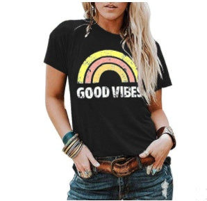 "Good Vibes" - Rainbow Pattern Printed Short-sleeved T-shirts