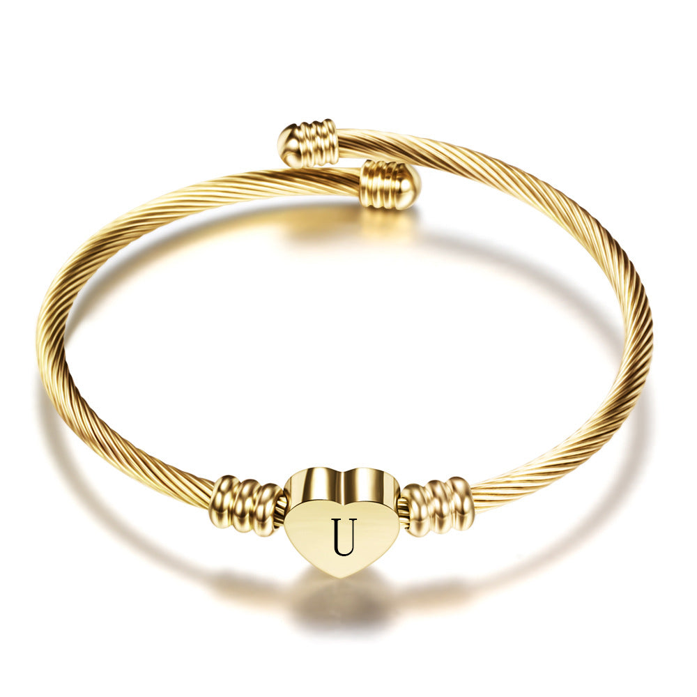 Initial Letter Heart Stainless Steel Bracelet