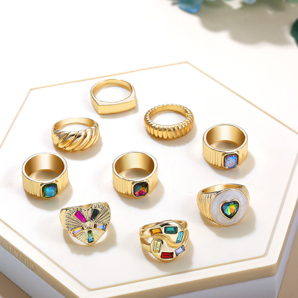Colorful Crystals Gold Oil Drop Rings