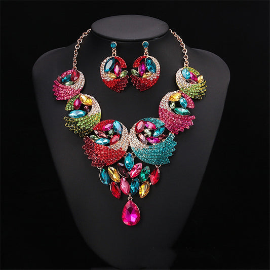 Colorful Painted Diamond Necklace and Earrings Set