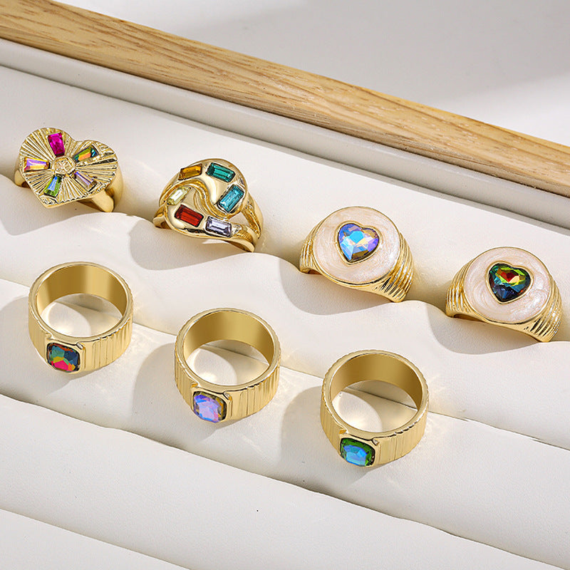 Colorful Crystals Gold Oil Drop Rings
