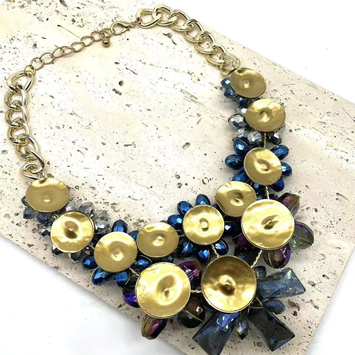 Crystal Blue Glass Floral Statement Necklace