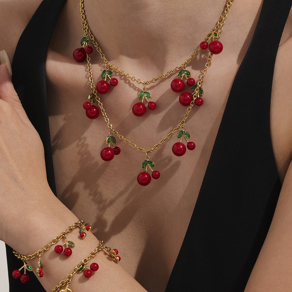 Stainless Steel Cherry Charm Necklace and Bracelet