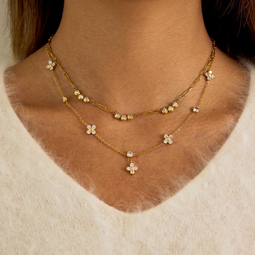 Titanium Steel Zircon Four-leaf Clover Necklace