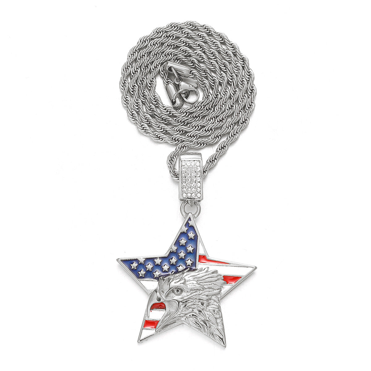 Alloy Diamond-Inlaid Painted National Flag Eagle Pendant Necklace