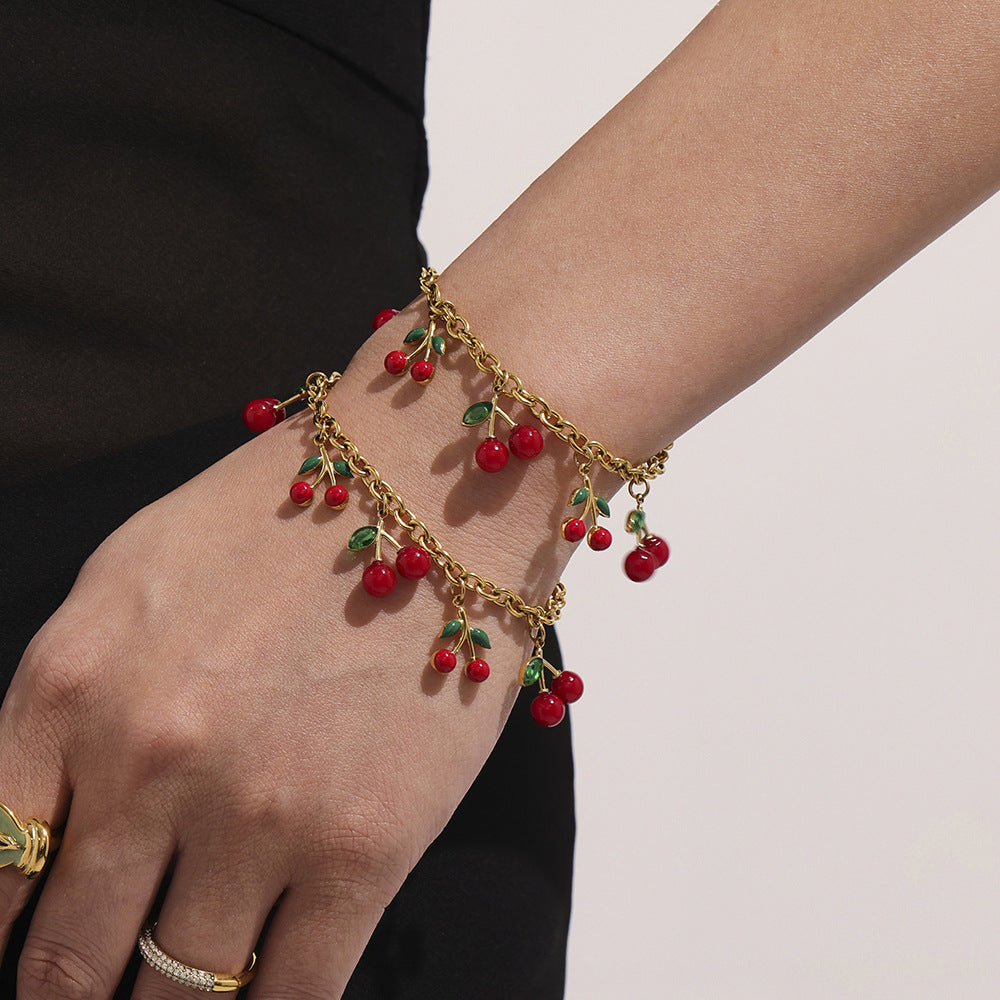Stainless Steel Cherry Charm Necklace and Bracelet