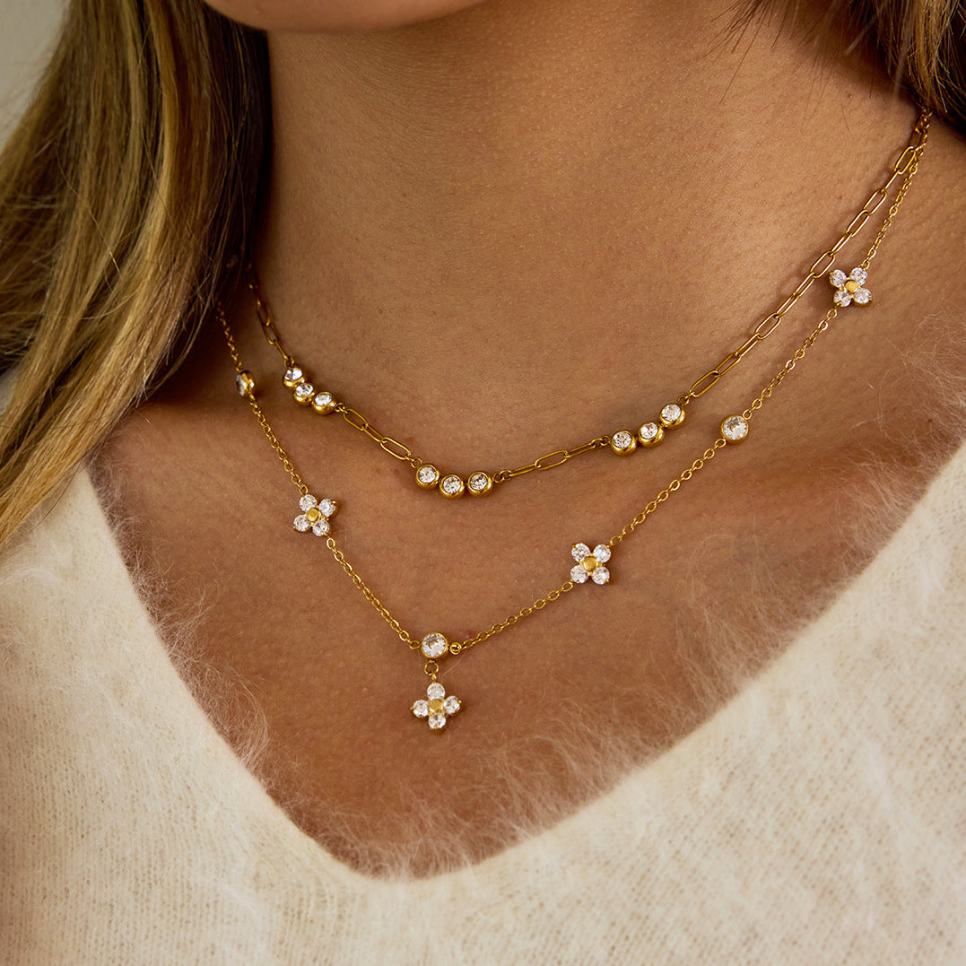 Titanium Steel Zircon Four-leaf Clover Necklace