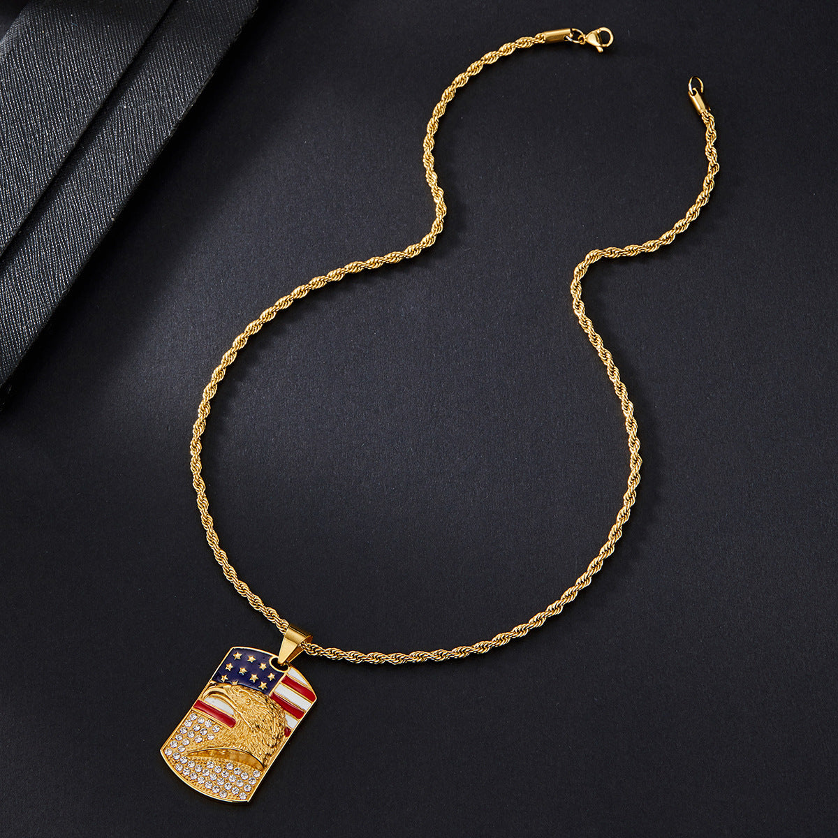 Alloy Diamond-Inlaid Painted National Flag Eagle Pendant Necklace
