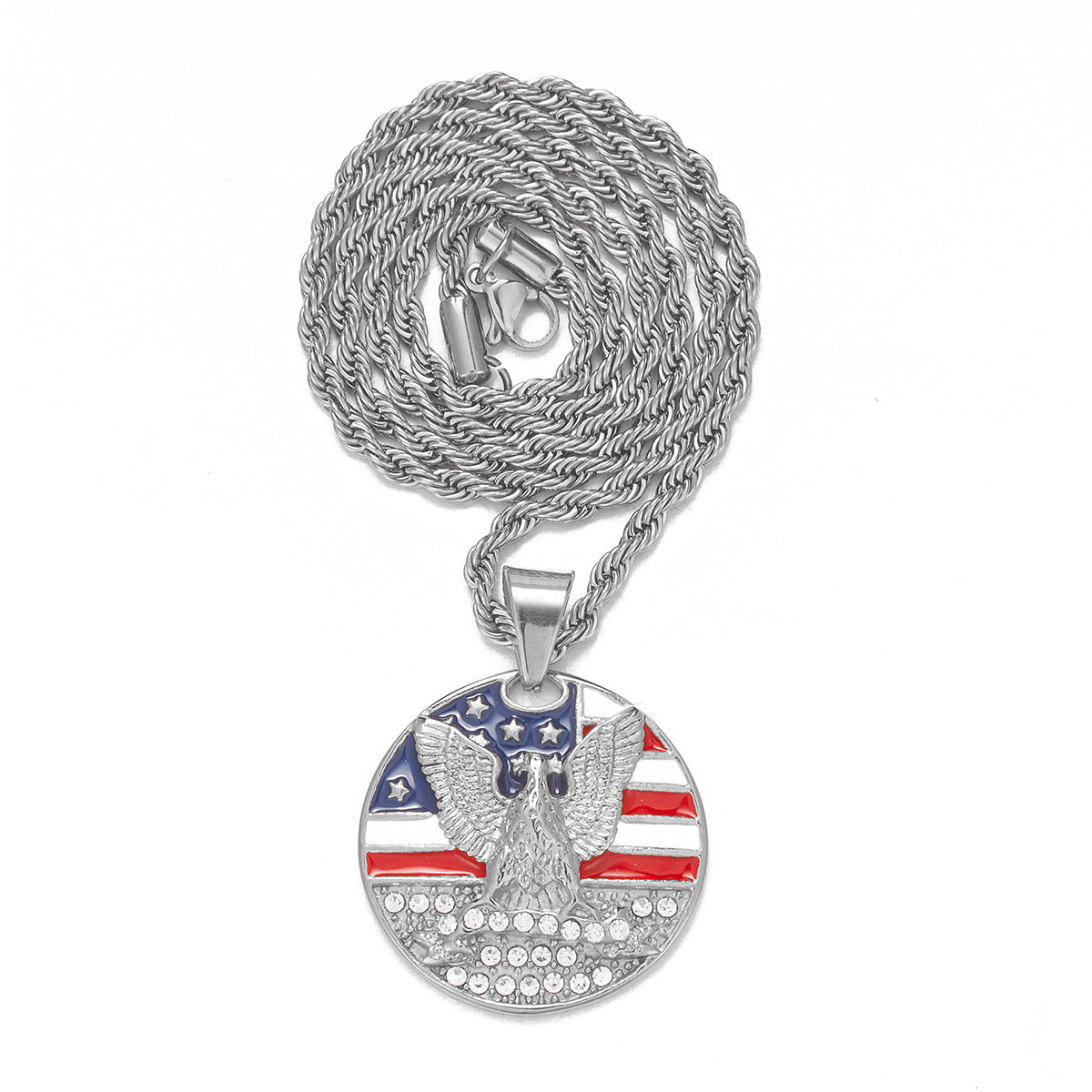 Alloy Diamond-Inlaid Painted National Flag Eagle Pendant Necklace