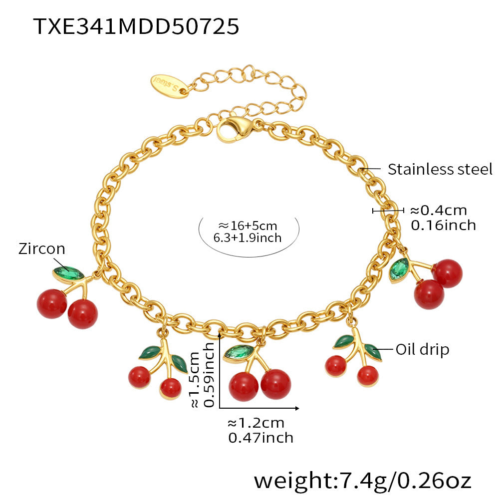 Stainless Steel Cherry Charm Necklace and Bracelet