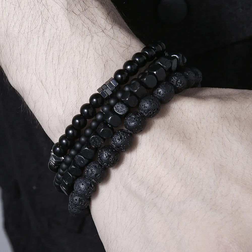 Natural Wooden Volcanic Rock Beaded Bracelet Set
