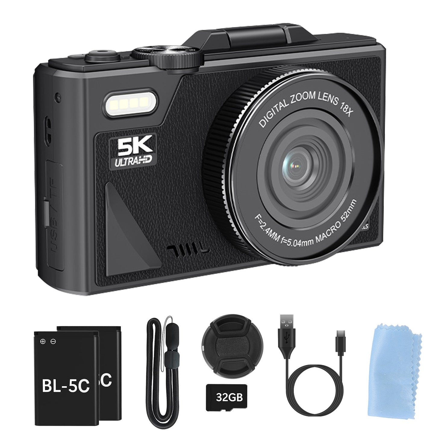 Anti-shake 1Pc 5K 75MP Digital Camera For Photography/Vlogging Video Camera With 9 Shooting Modes 18X Zoom Fill Light Webcam Function 2 Batteries 32G MMC Card 180Degree Flip IPS Screen