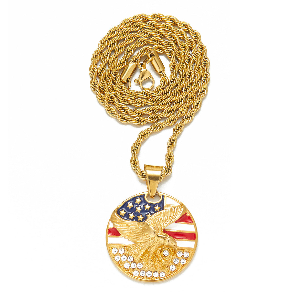Alloy Diamond-Inlaid Painted National Flag Eagle Pendant Necklace