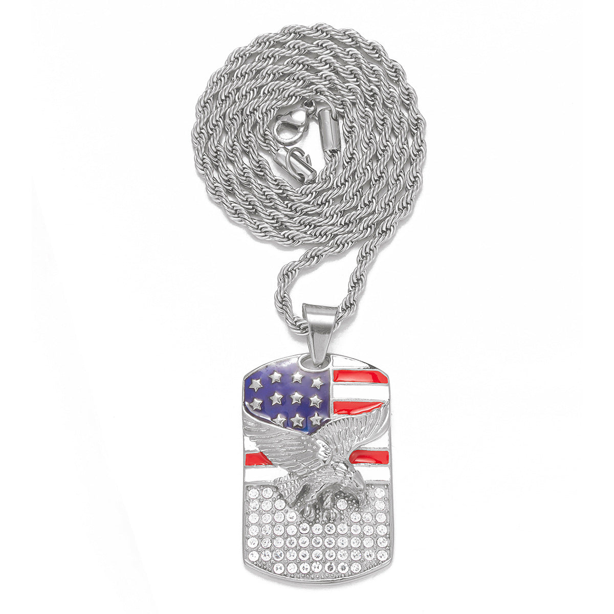 Alloy Diamond-Inlaid Painted National Flag Eagle Pendant Necklace