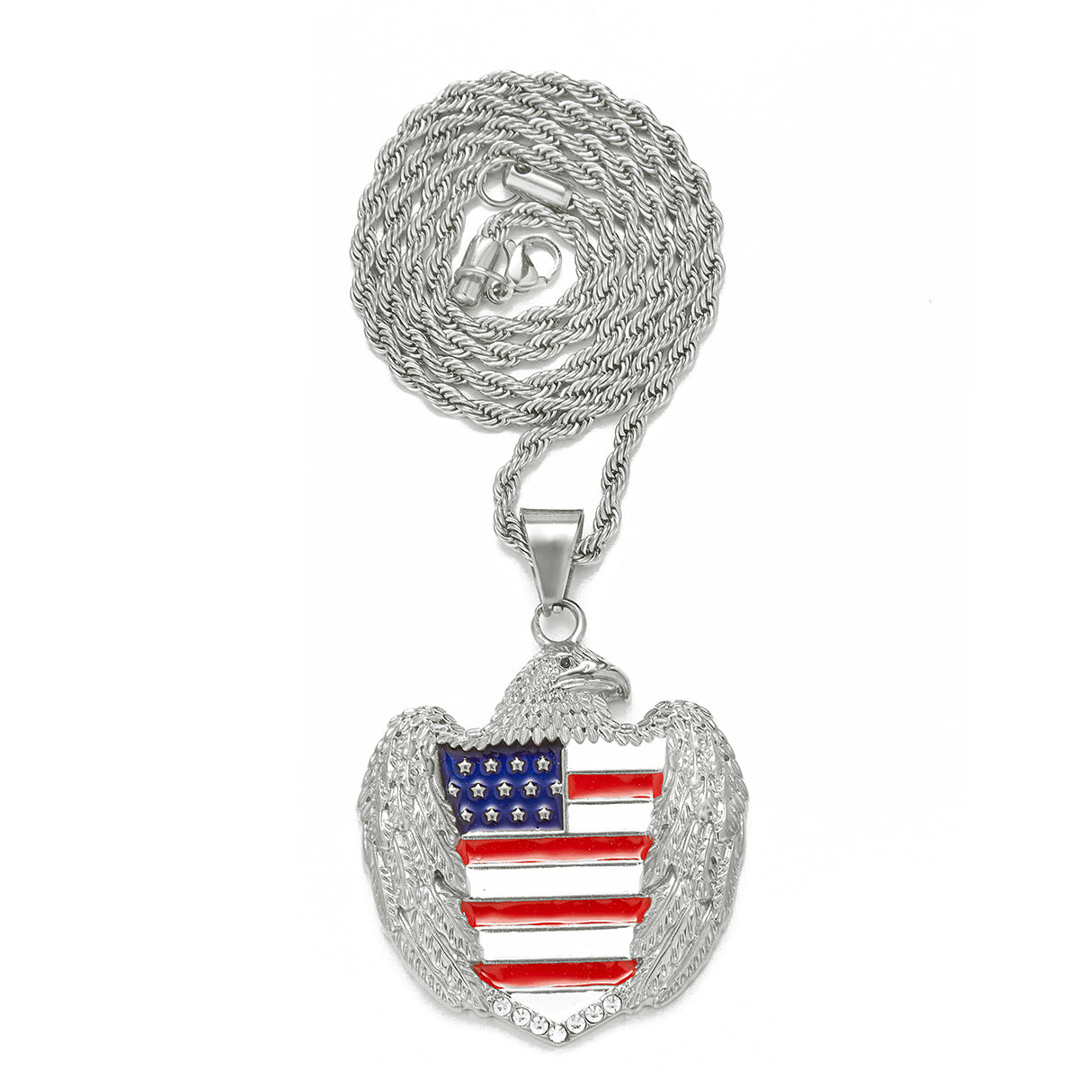 Alloy Diamond-Inlaid Painted National Flag Eagle Pendant Necklace