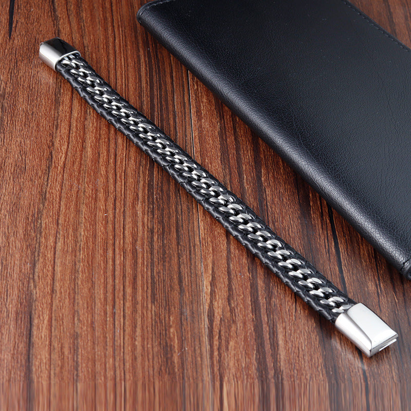 Polished Titanium Steel Leather Bracelet