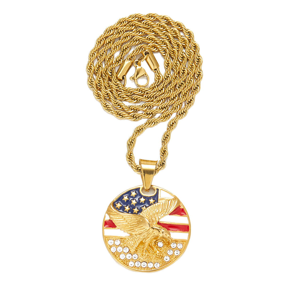 Alloy Diamond-Inlaid Painted National Flag Eagle Pendant Necklace