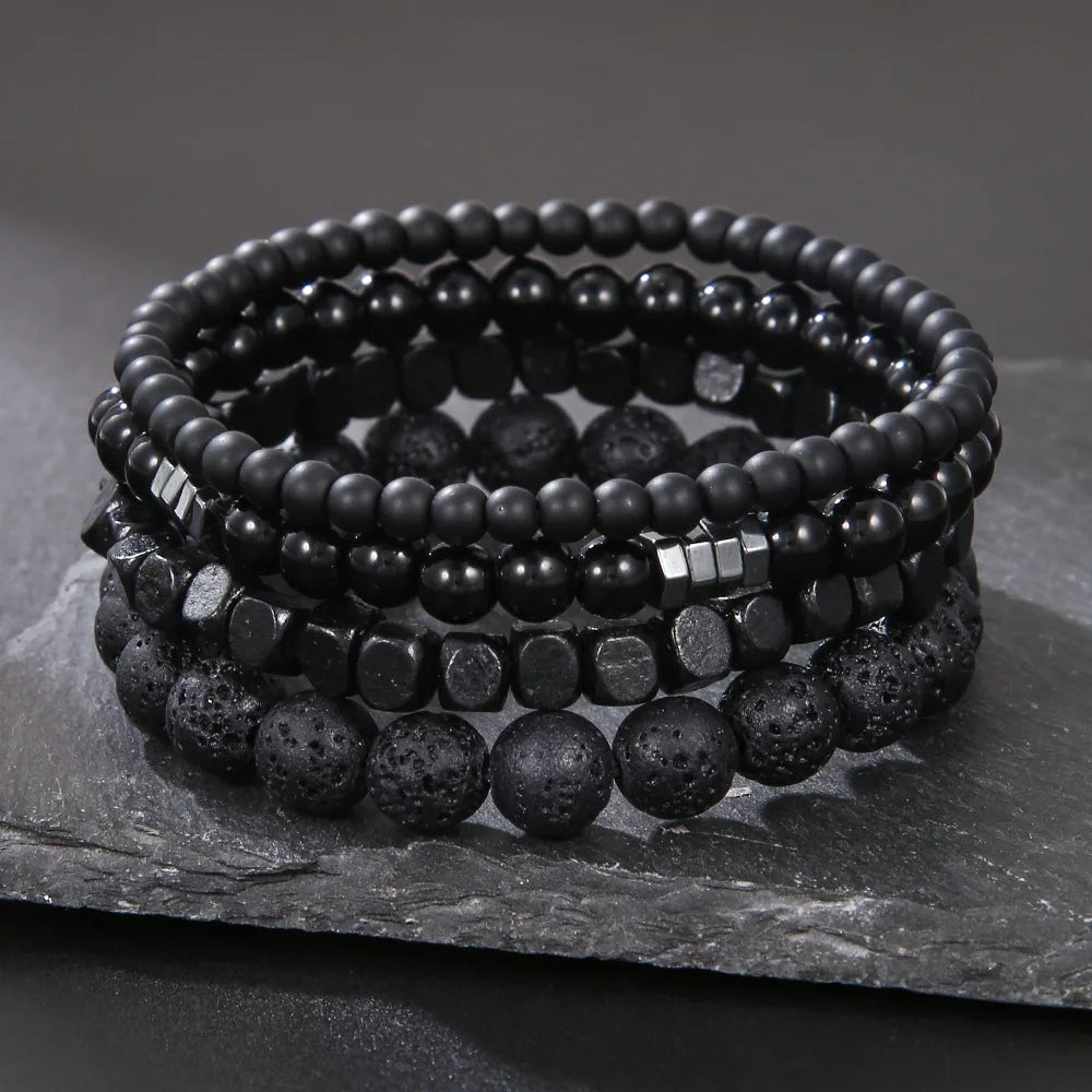 Natural Wooden Volcanic Rock Beaded Bracelet Set