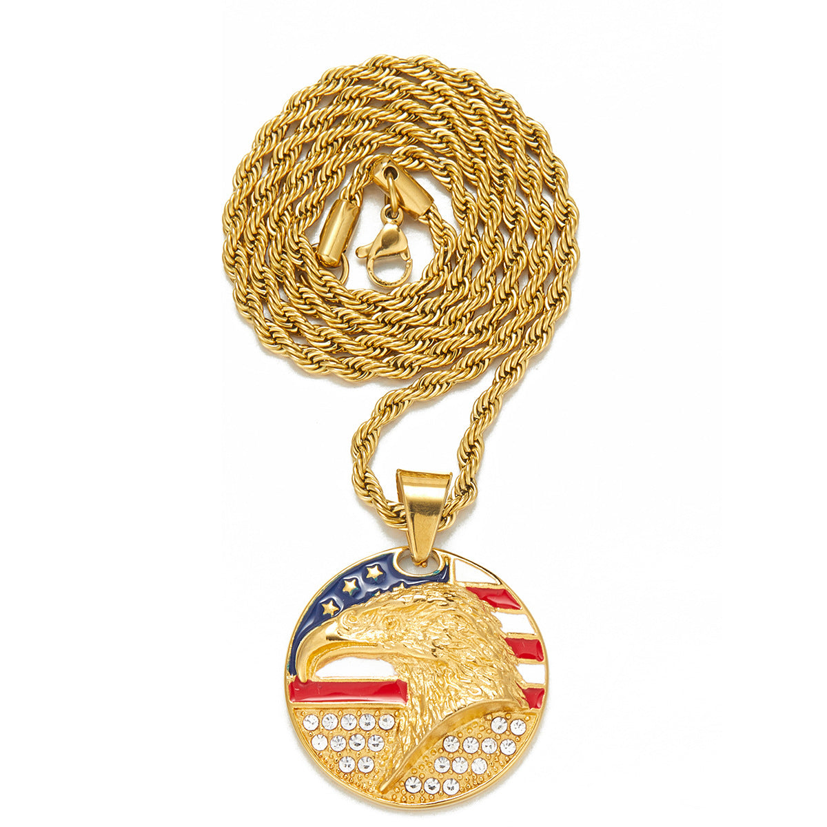 Alloy Diamond-Inlaid Painted National Flag Eagle Pendant Necklace