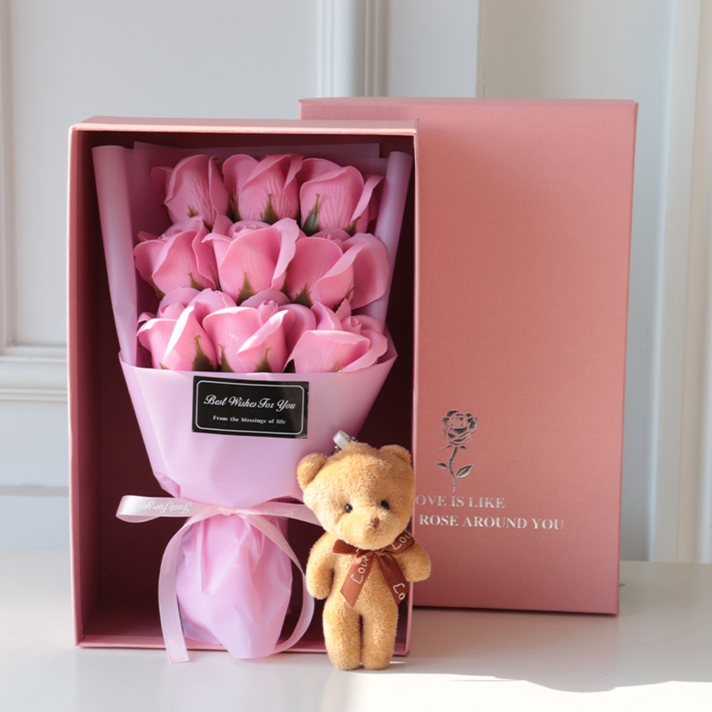 "Best Wishes for You" - Teddy with Rose Soap Bouquet