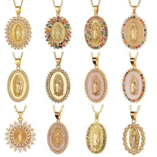 Micro-encrusted Zirconia Religious Virgin Mary Pendant Necklaces