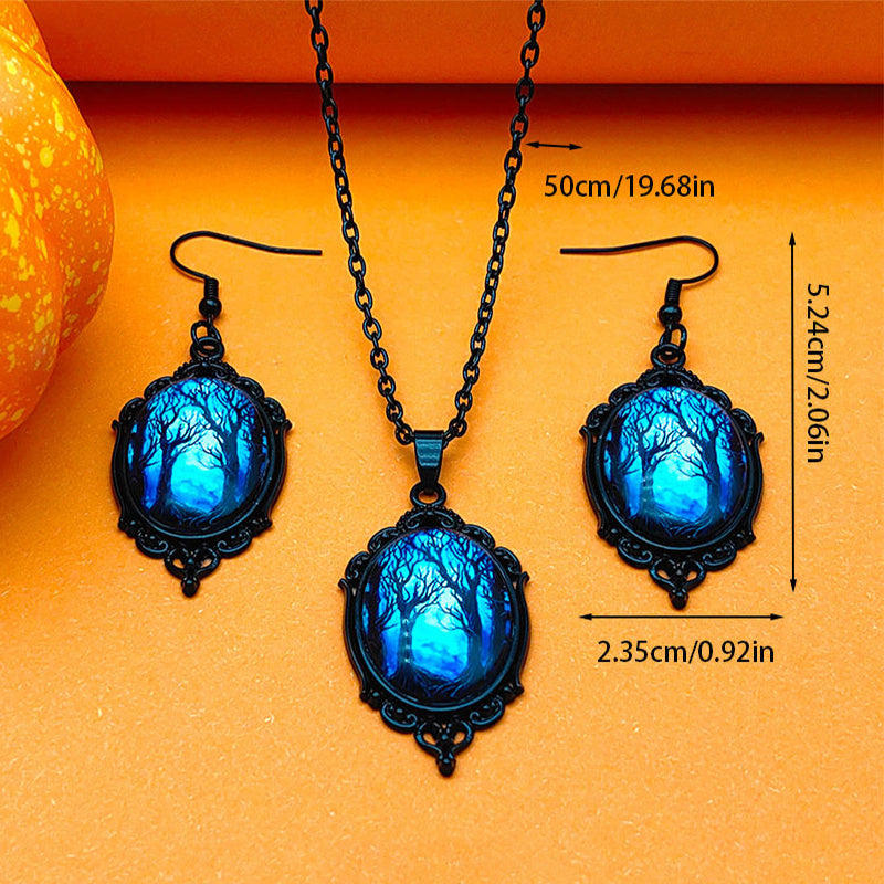 Vintage Halloween Tree Of Life And Witch Necklace and Earrings Sets