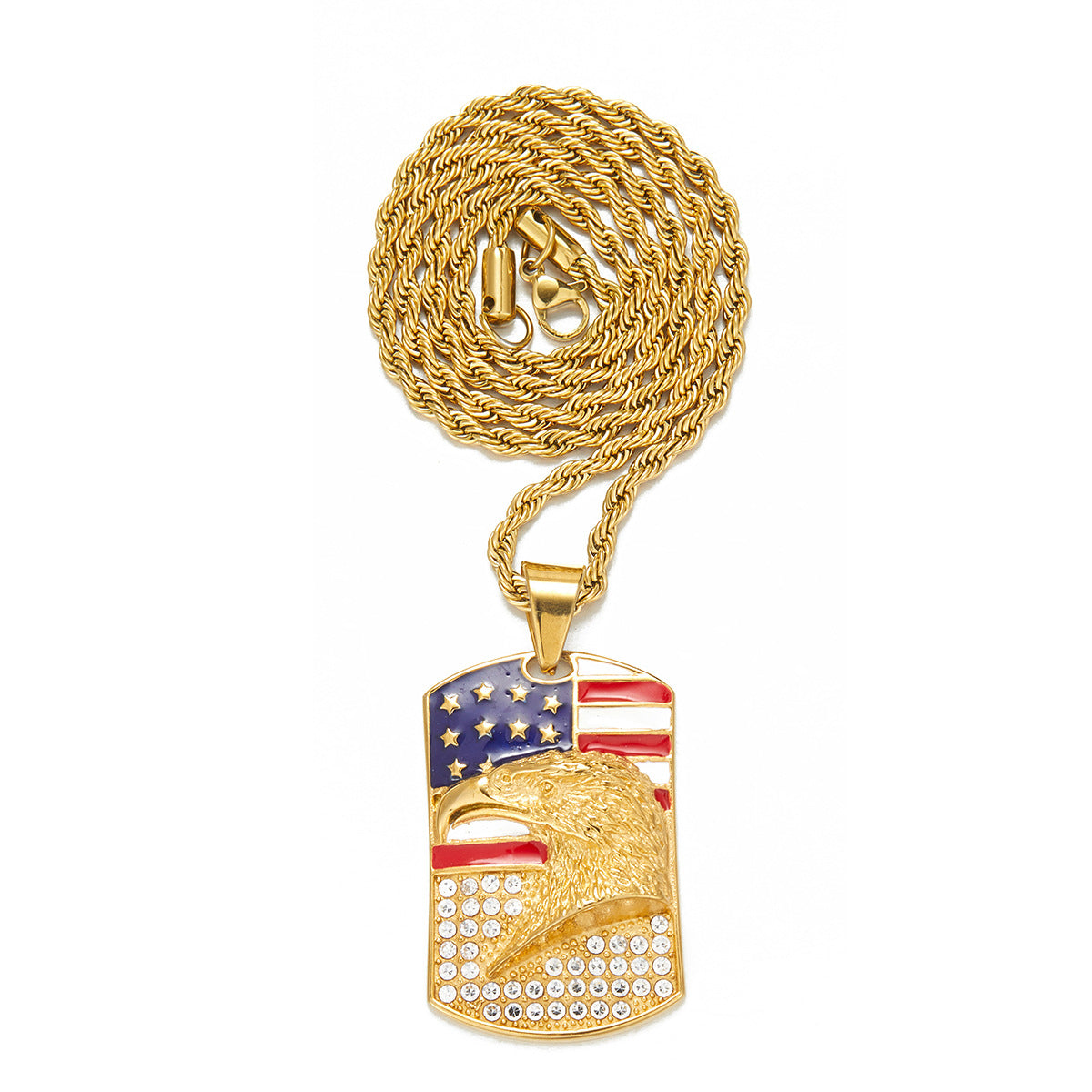 Alloy Diamond-Inlaid Painted National Flag Eagle Pendant Necklace