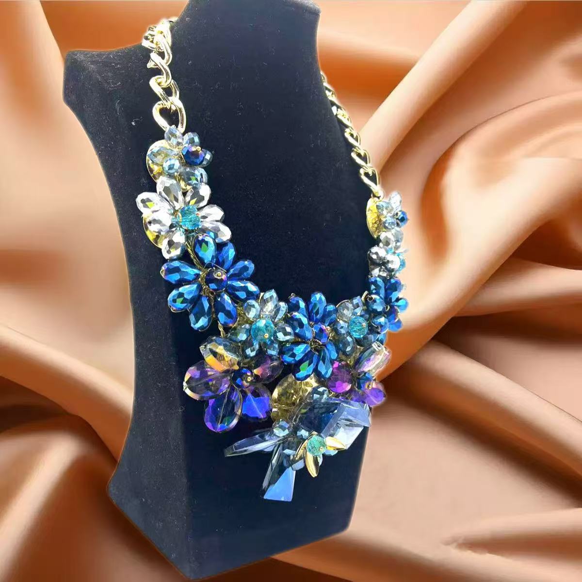Crystal Blue Glass Floral Statement Necklace