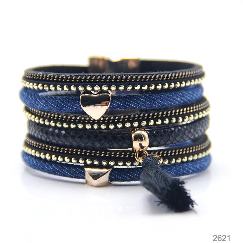 Multi-Layered Denim Leather Magnetic Buckle Bracelet