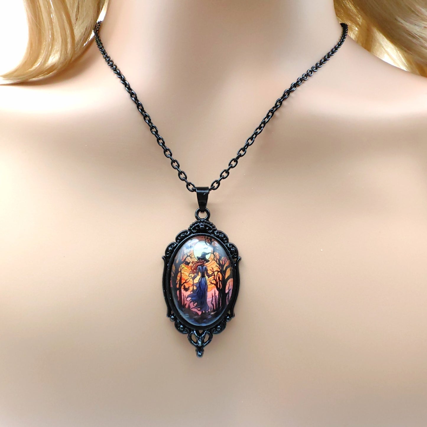 Vintage Halloween Tree Of Life And Witch Necklace and Earrings Sets