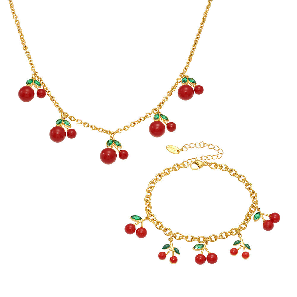 Stainless Steel Cherry Charm Necklace and Bracelet